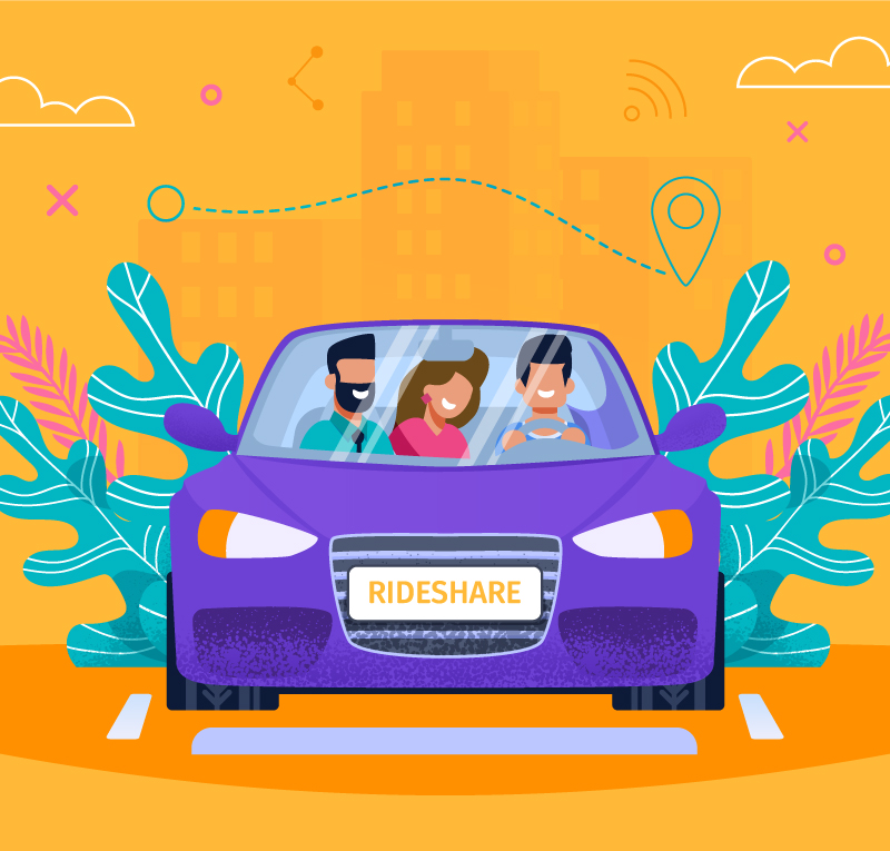 Colourful illustration of people in a car amongst a garden with buildings in the background